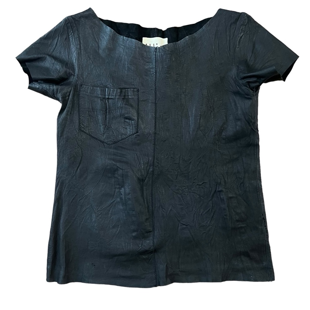 illia‎ Anthropologie 100% Black Leather Short Sleeved Blouse Size Medium